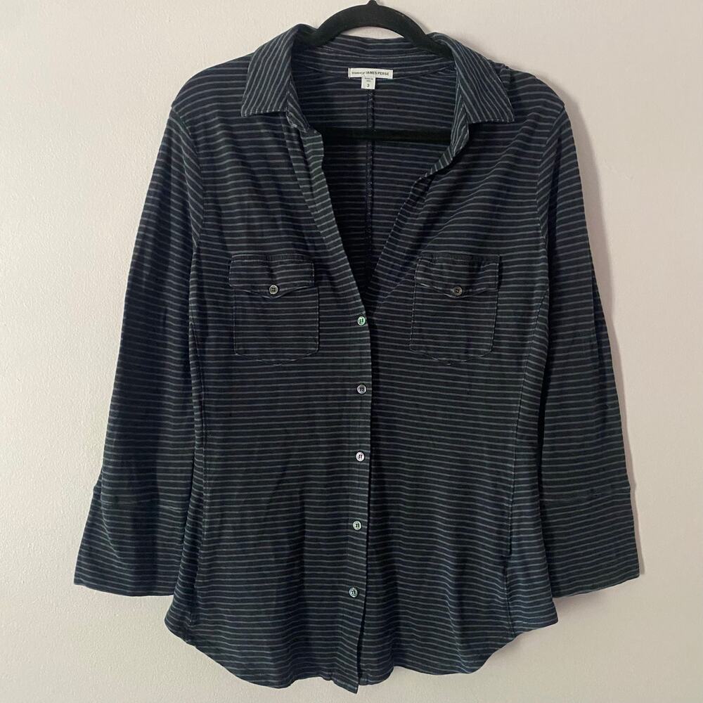 Standard James Perse Navy Blue Stripe 3/4 Sleeve Shirt Cotton Preppy 3 / Large